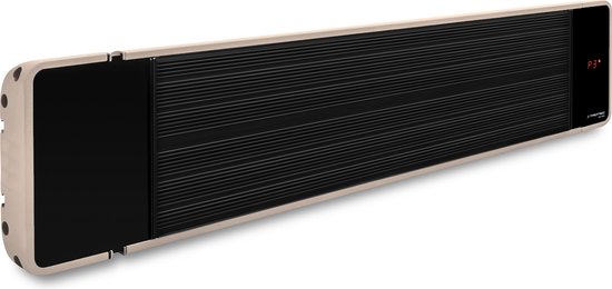 Zwarte terrasverwarmer met lamellen en champagnekleurige rand.