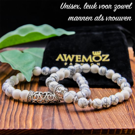 AWEMOZ Boeddha Natuursteen Armbanden - Boeddha Kralen Armbandjes - Wit - Armband Dames - Armband Heren - Unisex - Sieraden - Cadeau - AWEMOZ