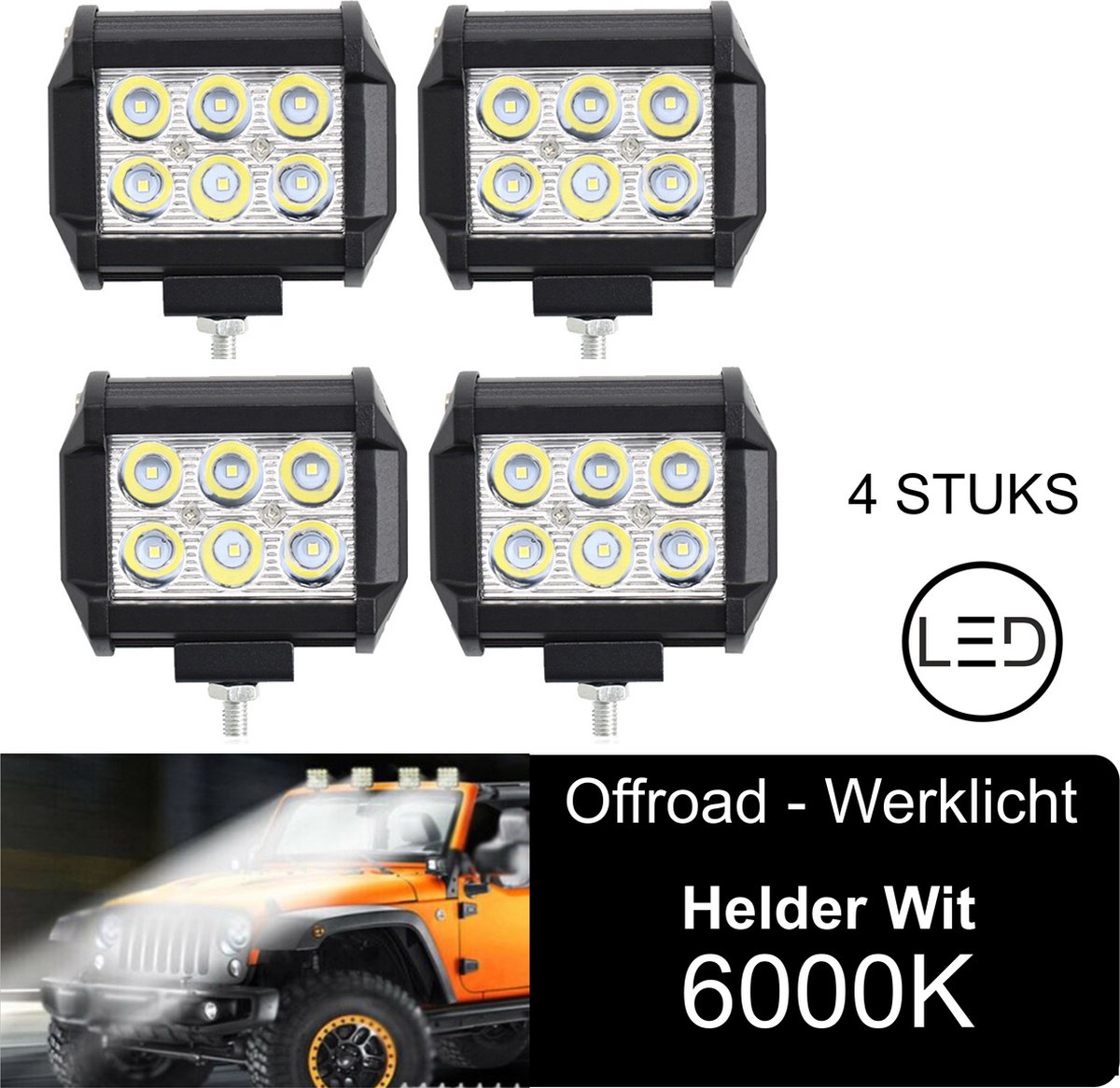 (4 Stuks) 18 Watt 12V LED Lamp voor Offroad verlichting Verstraler werklamp IP67 | 6000K | SUV | ATV | Boot | Bus |