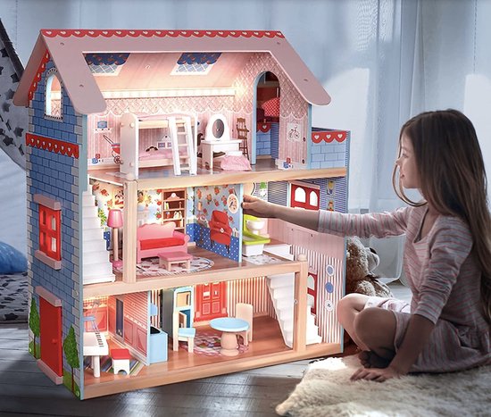 Maison de poupée en bois Infantastic® XXL avec LED - 3 niveaux de jeu,  meubles /... | bol