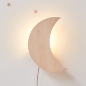 Wandlamp maan met luxe stoffen linnen snoer - houten lamp voor de kinderkamer