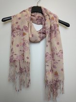 Lange dames sjaal Marijke bloemmotief roze paars oranje bruin geel