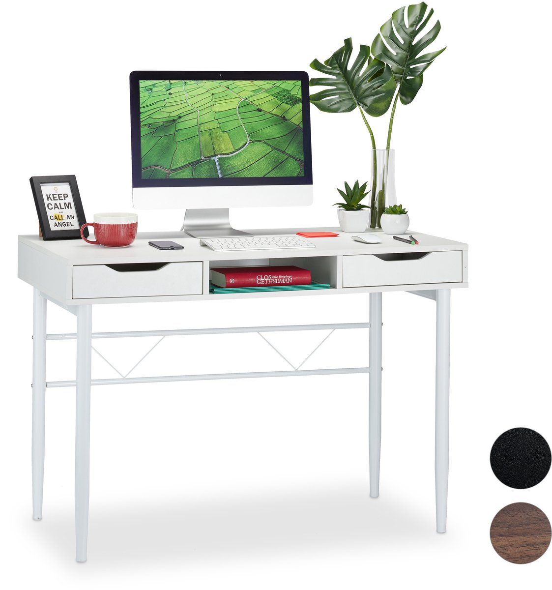 computertafel - met vak en 2 lades - modern design - metalen frame - 77x110x55 cm - wit
