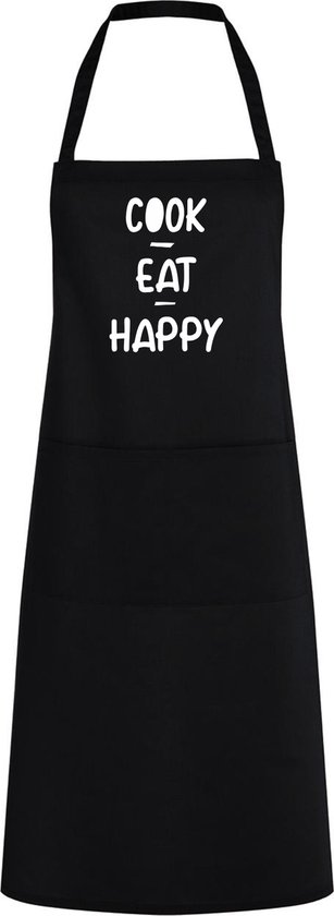 Keukenschort "Cook Eat Happy" | Grappig Kerstcadeau & Sinterklaas | Zwart