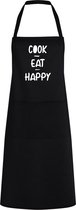 Keukenschort Cook Eat Happy - One Size - Zwart - moederdag cadeau - mama cadeau - cadeau voor haar - cadeau voor moeder - keukenschort met tekst