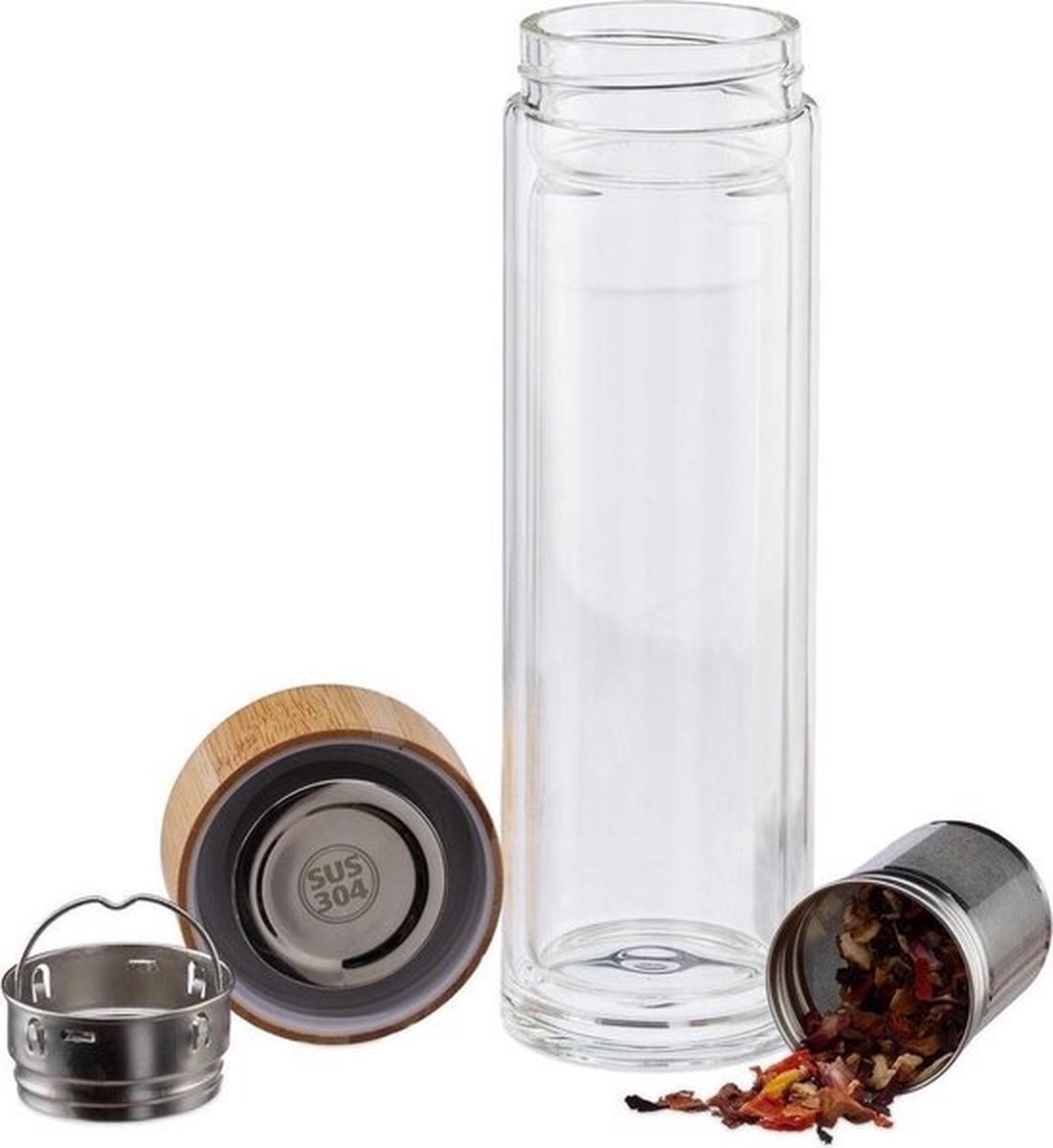 Dubbelwandige Infusiefles - glas/bamboe - 400ml - met RVS Theezeef