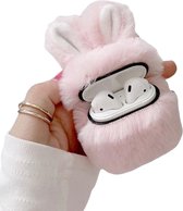 Casies Bunny case geschikt voor Apple AirPods 1 & 2 - Roze - konijnen hoesje softcase - Pluche / Fluffy