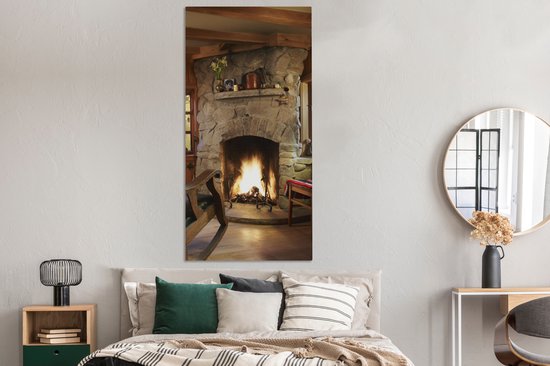 Peinture sur toile 80x160 cm - Décoration murale Feu brûlant dans une cheminée - Décoration murale murale salon - Décoration chambre - Accessoires de chambre - Peintures