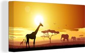 Canvas Schilderij Illustratie van een Afrikaanse zonsondergang met een giraffe en olifant - 40x20 cm - Wanddecoratie