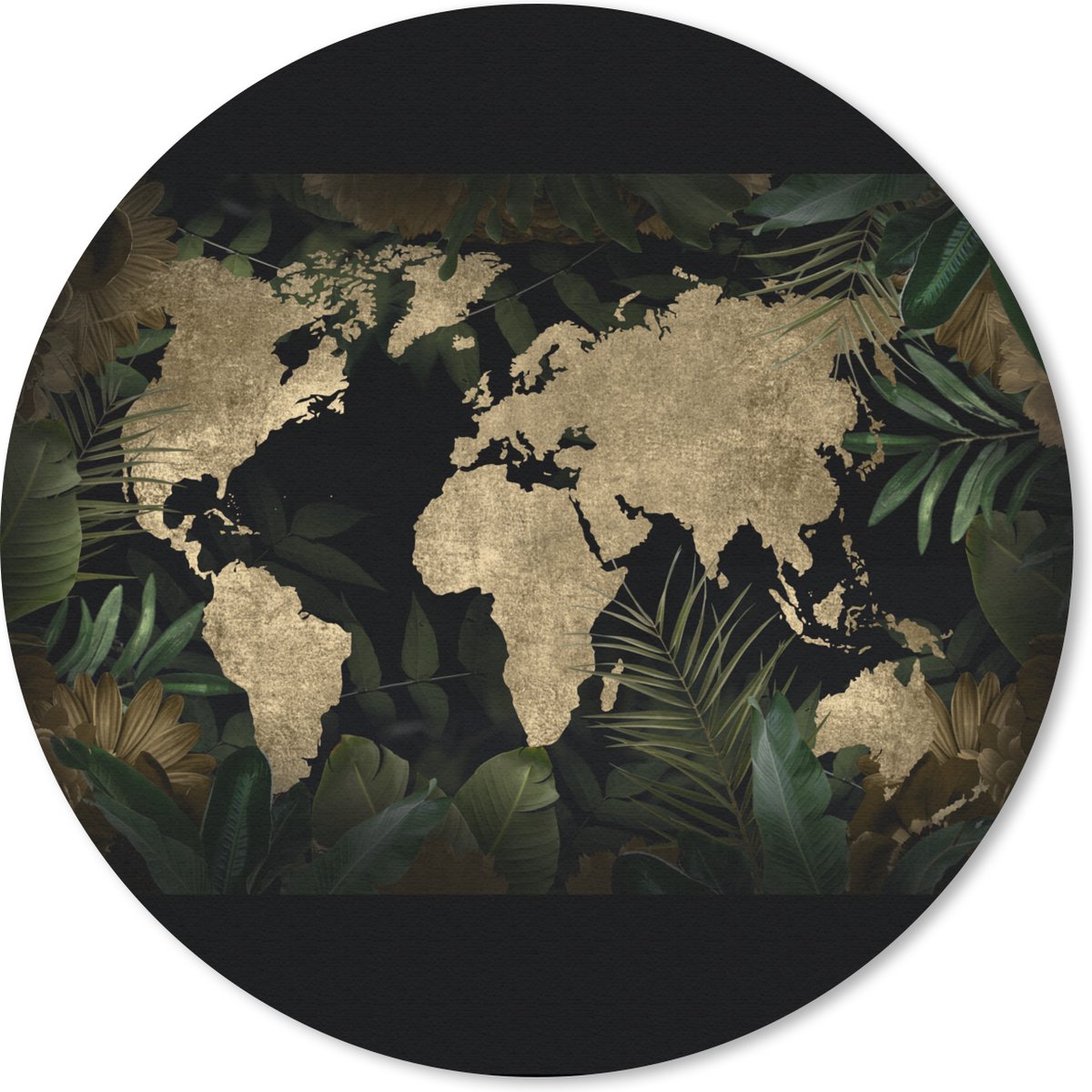 Muismat rond 20x20 cm - Mousepad Wereldkaart - Goud - Bladeren - Ronde muismatten