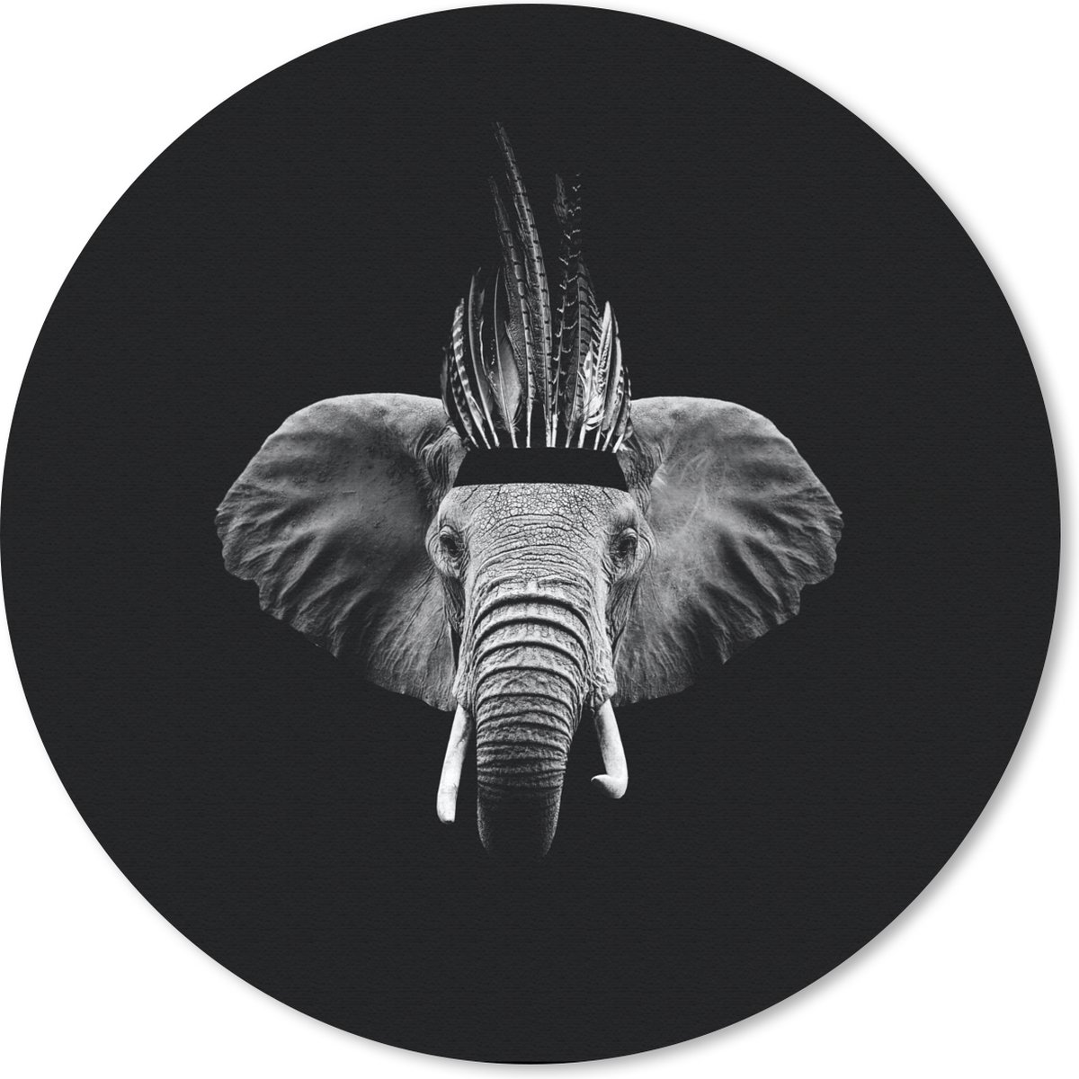 Muismat rond 20x20 cm - Mousepad Olifant - Veren - Hoed - Zwart - Wit - Ronde muismatten