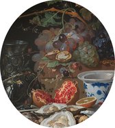 Stilleven met vruchten, oesters en een porseleinen kom, Abraham Mignon - Foto op Dibond - ⌀ 60 cm