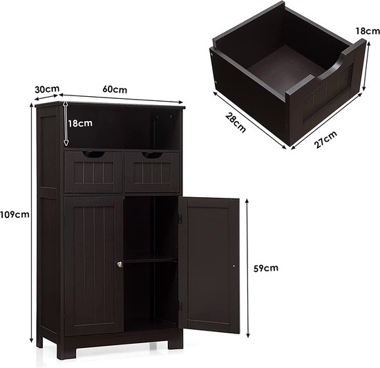 COSTWAY Badkamerkast met 2 laden en 4 deuren, badkamerkast met verstelbare planken, opbergkast voor badkamer, keuken, woonkamer (grijs