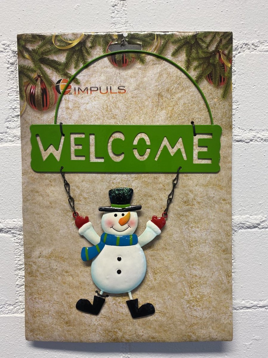 Metalen Kersthanger "Welcome" - Sneeuwpop - 27.5x5x 19.5cm - Kerstdecoratie - Seizoen decoratie