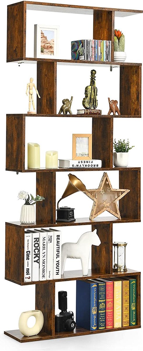 LUXGOODS 6-Laags boekenkast, vrijstaande S-vormige boekenplank met anti-kantelbeveiliging, houten plank voor boeken, foto's en planten, multifunctionele decoratieve schappen voor thuis en kantoor (Bruin)