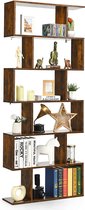 6-Laags boekenkast, vrijstaande S-vormige boekenplank met anti-kantelbeveiliging, houten plank voor boeken, foto's en planten, multifunctionele decoratieve schappen voor thuis en k