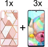 Samsung A32 5G Hoesje - Samsung Galaxy A32 5G Hoesje Marmer Roze Driehoek Print Siliconen Case - 3x Samsung A32 5G Screenprotector