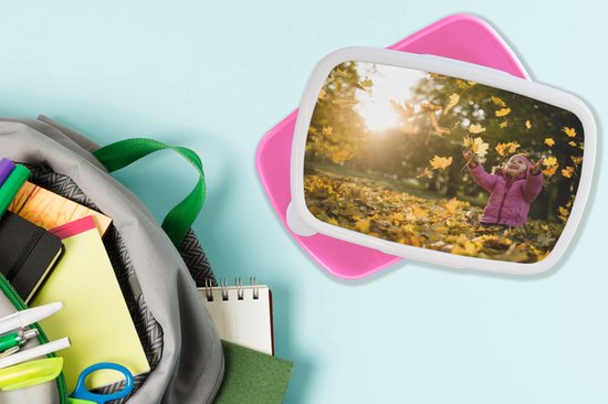 Broodtrommel Roze - Lunchbox - Brooddoos - Meisje - Bladeren - Lucht - 18x12x6 cm - Kinderen - Meisje