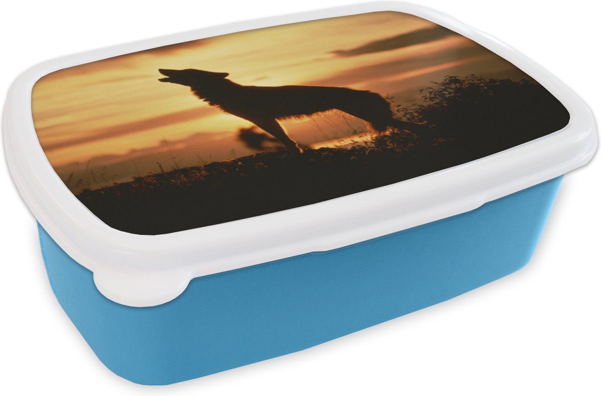 Broodtrommel Blauw - Lunchbox - Brooddoos - Wolf - Zon - Silhouet - 18x12x6 cm - Kinderen - Jongen