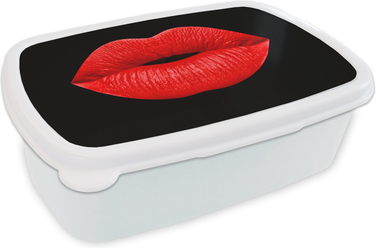 Broodtrommel Wit - Lunchbox - Brooddoos - Lippen - Rood - Zwart - 18x12x6 cm - Volwassenen