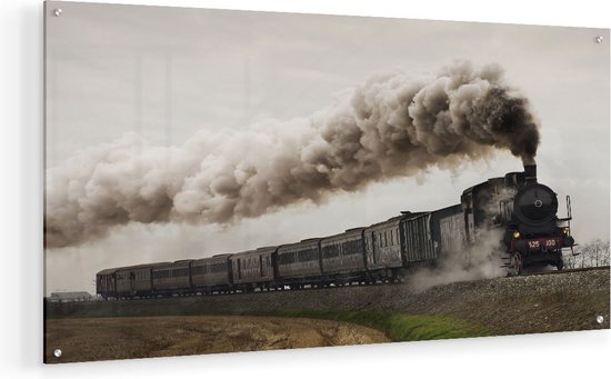 Artaza Glasschilderij - Locomotief Trein met Rook Wolken - 80x40 - Plexiglas Schilderij - Foto op Glas