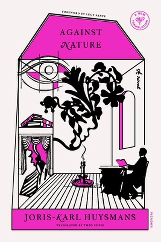 Couverture de livre intitulée 'AGAINST NATURE', illustration en forme de maison avec un œil, des plantes et une silhouette assise.