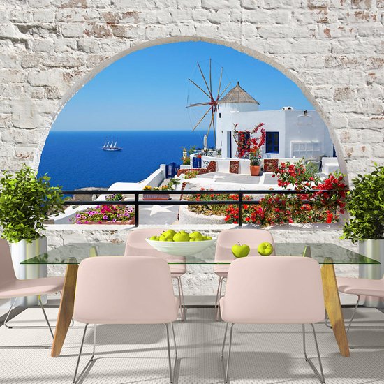 245cm X 175cm - Zelfklevend fotobehang -  Zomer in Santorini  , Premium Print