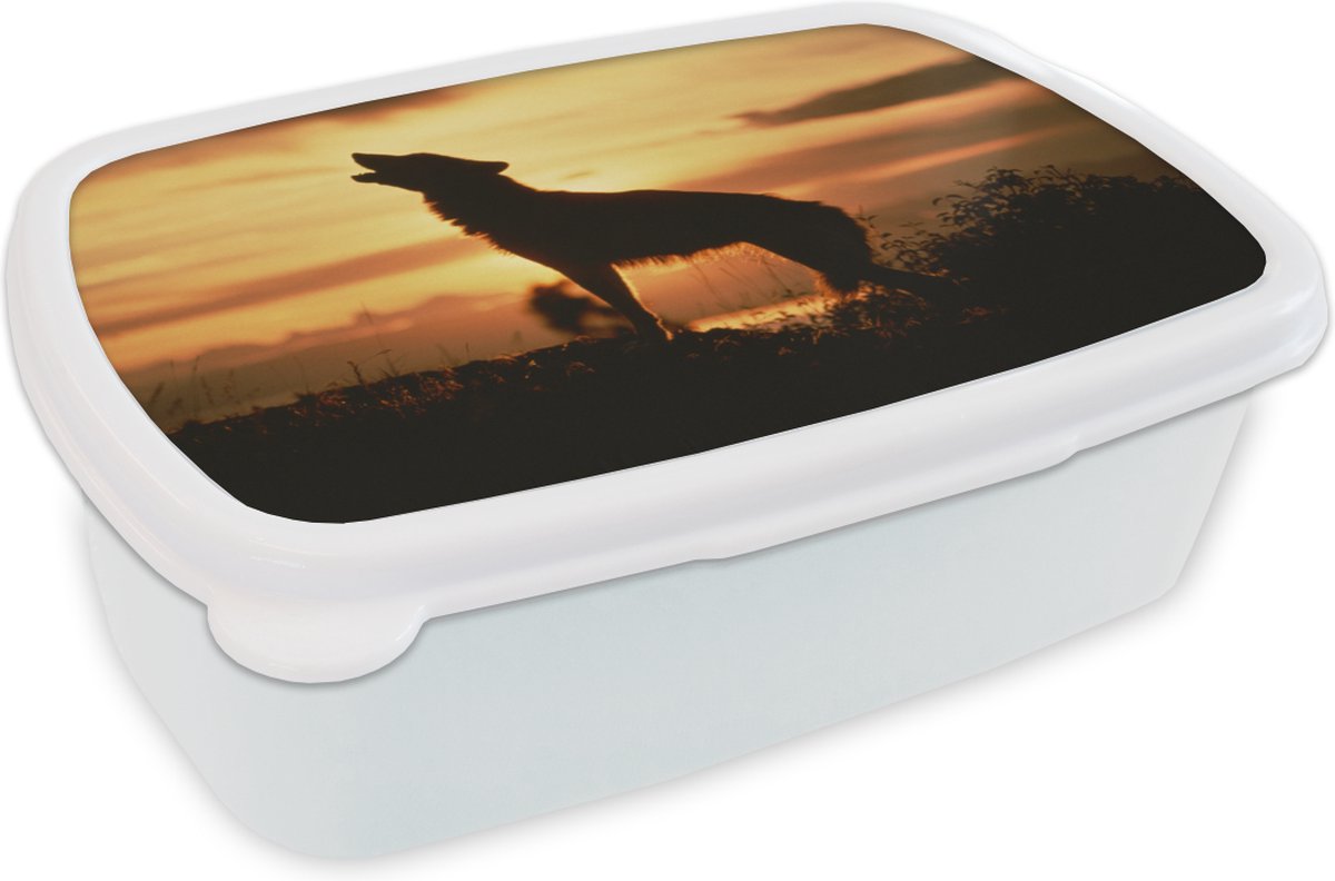 Broodtrommel Wit - Lunchbox - Brooddoos - Wolf - Silhouet - Roofdier - 18x12x6 cm - Volwassenen