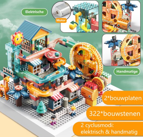 Thumbnail van een extra afbeelding van het spel Knikkerbaan 322 delig met Eektronische Motor en Bouwplaat- Zonstad - Mijn Eerste Knikkerbaan Creaties - Baanelementenset - Bouwblokken Voordeelverpakking - Bouwstenen compatibel met Duplo - Grote Bouwstenen