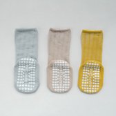 Baby sokken - Set 3 paar - 0-6 maanden - Antislip sokken baby - New born - Babysokken - Baby sokjes - Unisex - Kraamcadeau - Kaki/Lichtgrijs/Geel