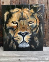 Leeuw op Hout - 100% handgeschilderd - 60x53cm - YM-art