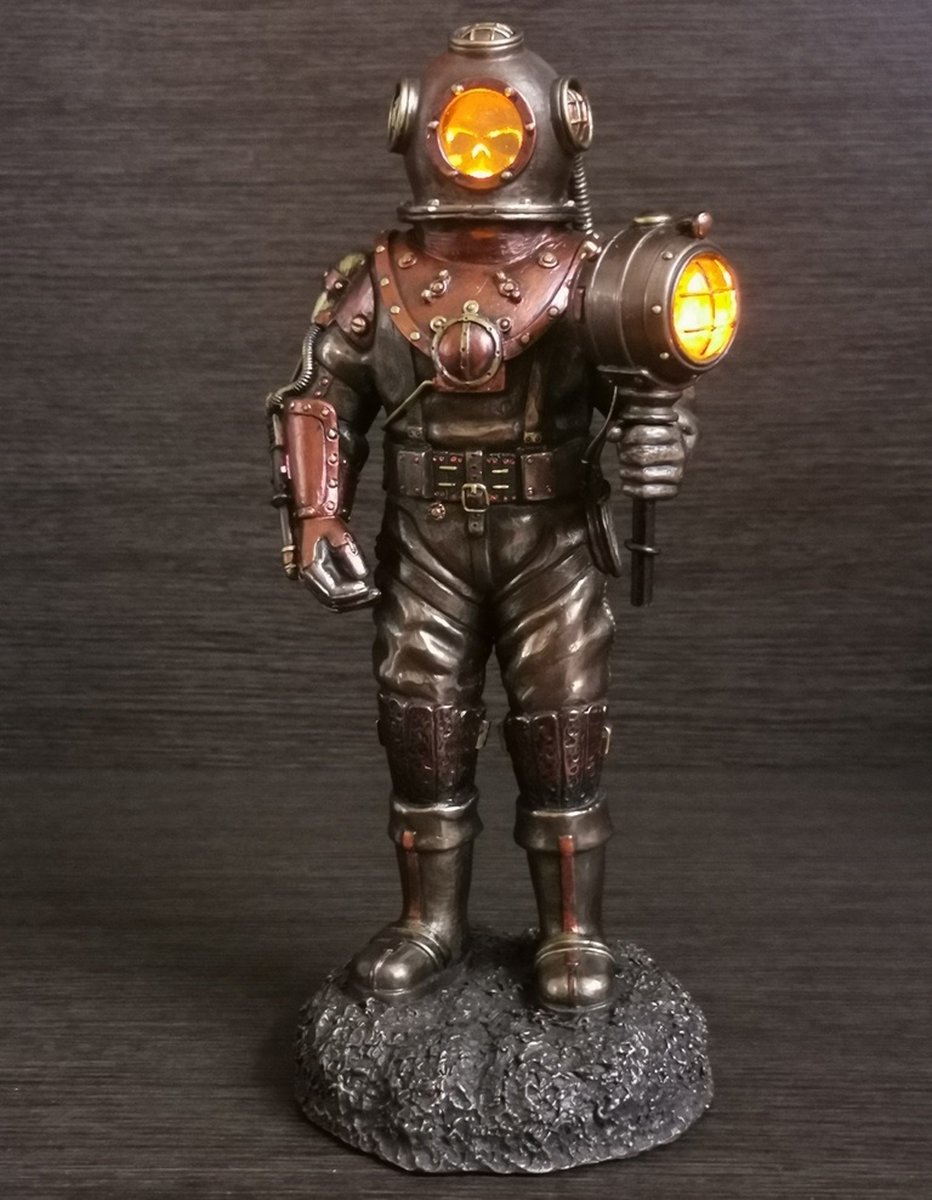 Veronese Design Steampunk Skelet in Duikerpak met Verlichting Gebronsd beeld 26cm
