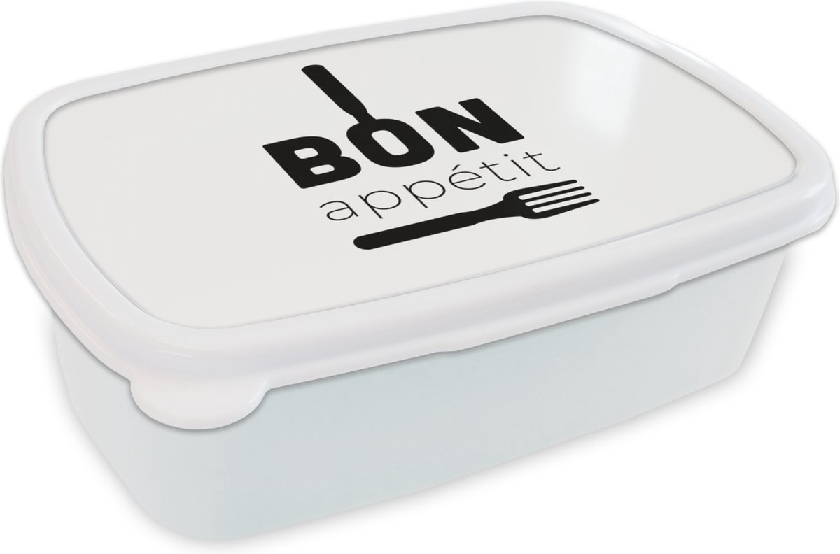 Broodtrommel Wit - Lunchbox - Brooddoos - Quotes - Bestek - Bon appetit - 18x12x6 cm - Volwassenen