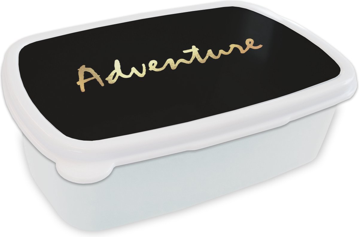 Broodtrommel Wit - Lunchbox - Brooddoos - Quote - Adventure - Goud - 18x12x6 cm - Volwassenen