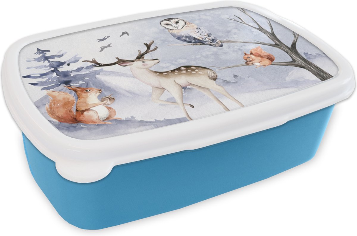 Broodtrommel Blauw - Lunchbox - Brooddoos - Winter - Sneeuw - Hert - 18x12x6 cm - Kinderen - Jongen
