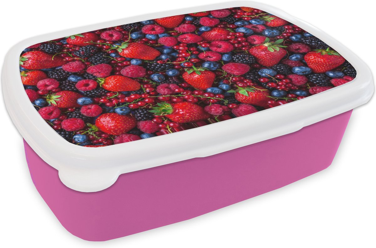Broodtrommel Roze - Lunchbox - Brooddoos - Fruit - Bos - Aardbei - 18x12x6 cm - Kinderen - Meisje
