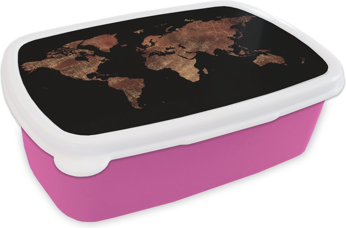 Broodtrommel Roze - Lunchbox - Brooddoos - Wereldkaart - Rood - Goud - 18x12x6 cm - Kinderen - Meisje