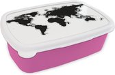 Broodtrommel Roze - Lunchbox - Brooddoos - Wereldkaart - Zwart - Wit - Simpel - 18x12x6 cm - Kinderen - Meisje
