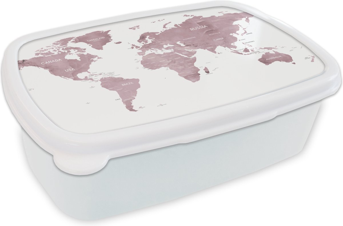 Broodtrommel Wit - Lunchbox - Brooddoos - Wereldkaart - Paars - Wit - 18x12x6 cm - Volwassenen
