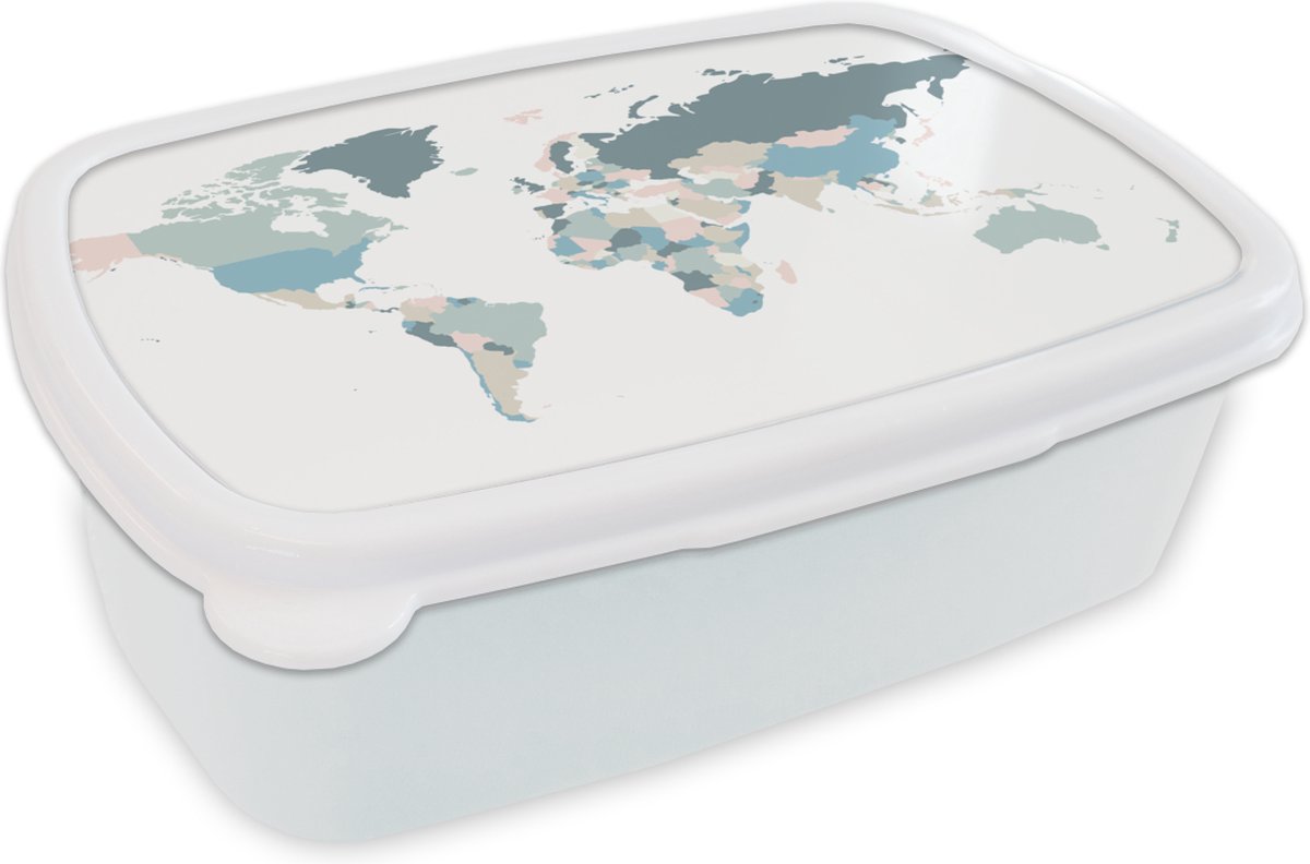 Broodtrommel Wit - Lunchbox - Brooddoos - Wereldkaart - Simpel - Pastel - 18x12x6 cm - Volwassenen