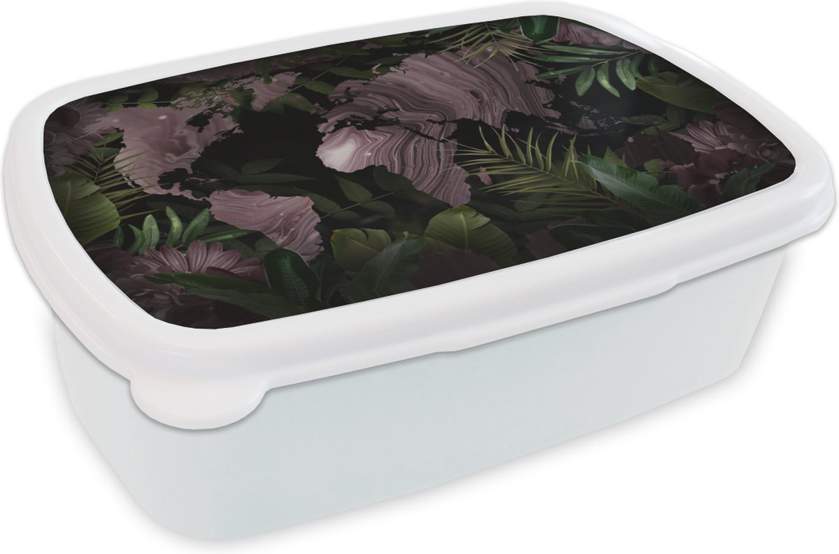 Broodtrommel Wit - Lunchbox - Brooddoos - Wereldkaart - Paars - Bladeren - 18x12x6 cm - Volwassenen