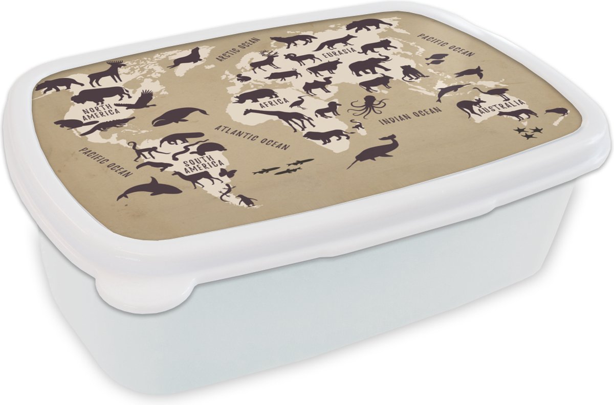 Broodtrommel Wit - Lunchbox - Brooddoos - Wereldkaart - Dieren - Wereld - 18x12x6 cm - Volwassenen