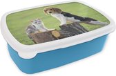 Broodtrommel Blauw - Lunchbox - Brooddoos - Kat - Hond - Boom - 18x12x6 cm - Kinderen - Jongen