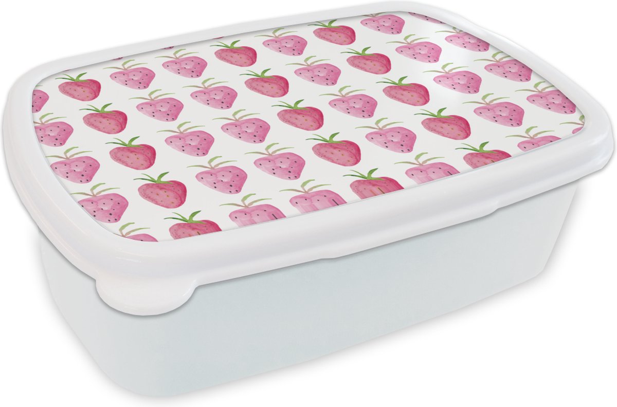 Broodtrommel Wit - Lunchbox - Brooddoos - Aardbei - Waterverf - Design - 18x12x6 cm - Volwassenen