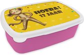 Broodtrommel Roze - Lunchbox - Brooddoos - Jubileum - Aap - 12 jaar - 18x12x6 cm - Kinderen - Meisje