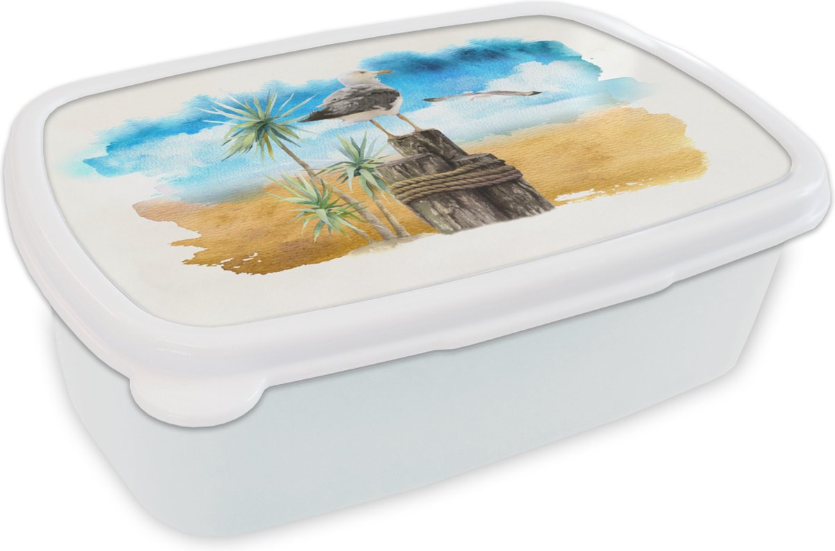 Broodtrommel Wit - Lunchbox - Brooddoos - Vogel - Paal - Strand - 18x12x6 cm - Volwassenen