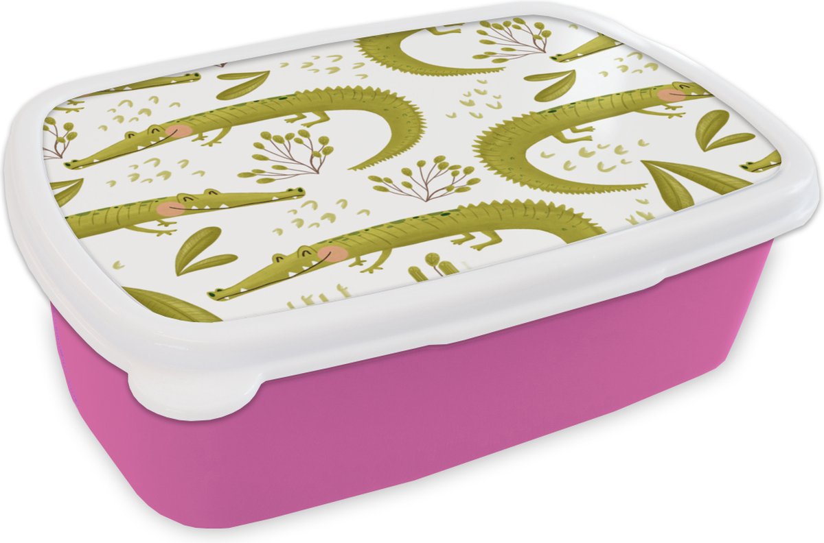 Broodtrommel Roze - Lunchbox - Brooddoos - Krokodil - Wit - Patronen - 18x12x6 cm - Kinderen - Meisje