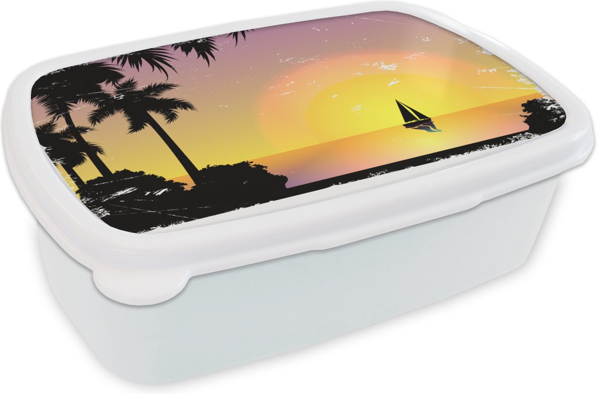 Broodtrommel Wit - Lunchbox - Brooddoos - Zeilboot - Palmboom - Zon - 18x12x6 cm - Volwassenen