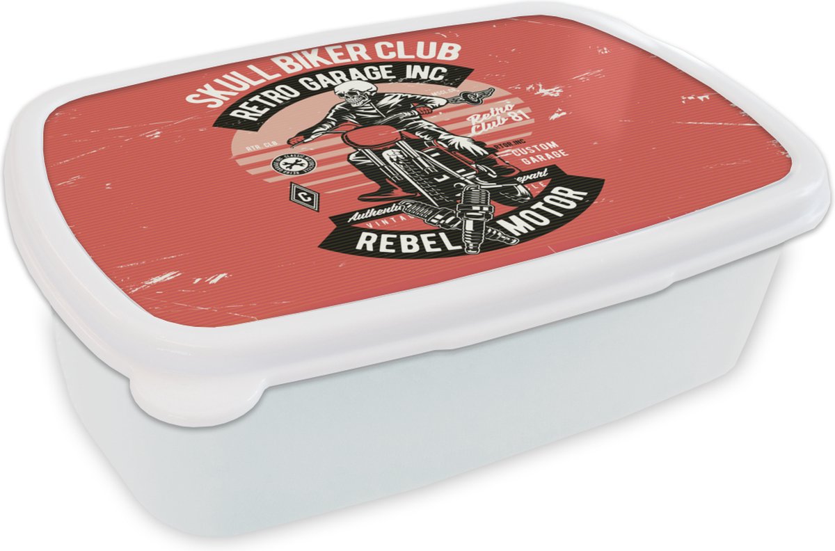 Broodtrommel Wit - Lunchbox - Brooddoos - Motor - Skelet - Kleding - Retro - 18x12x6 cm - Volwassenen