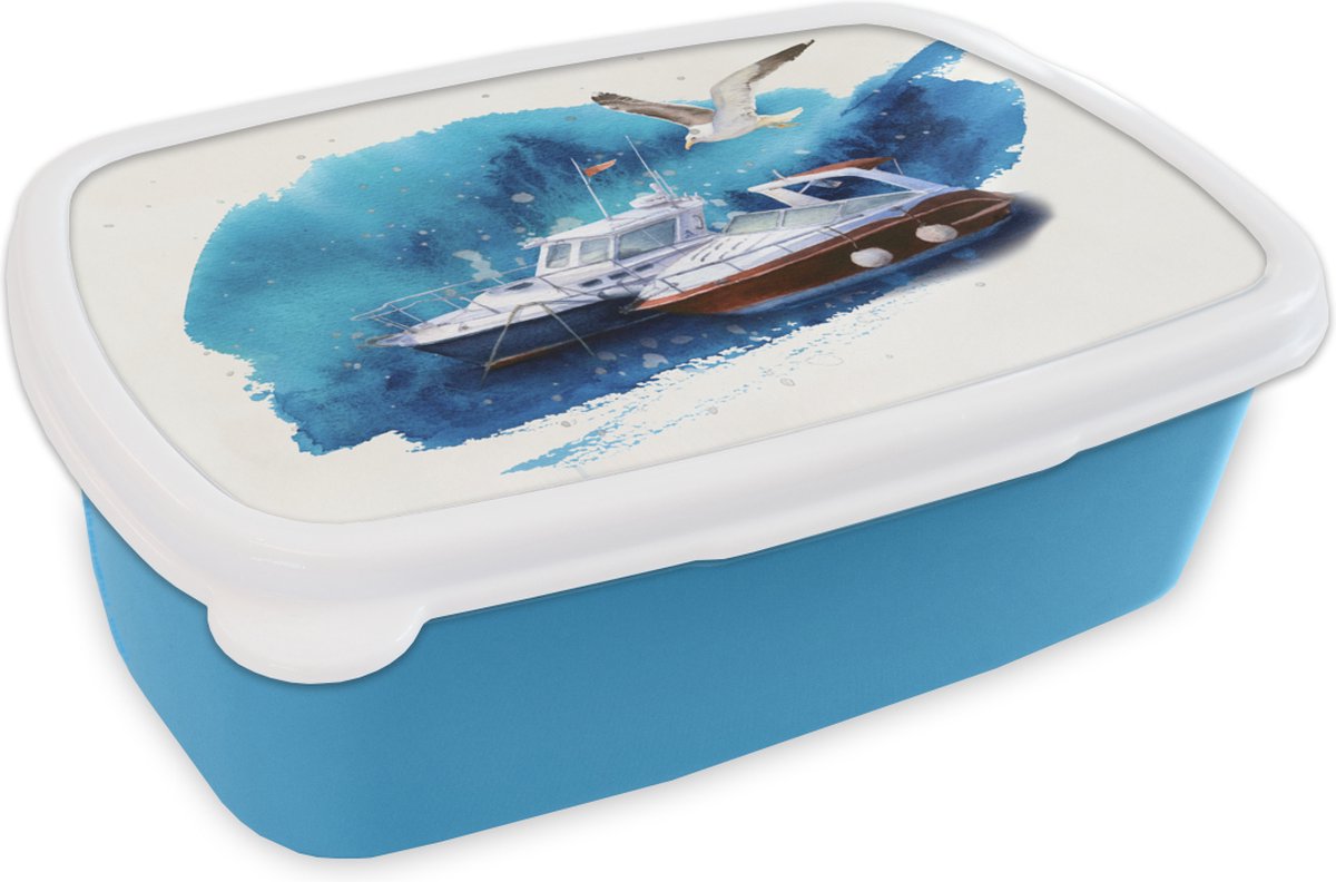 Broodtrommel Blauw - Lunchbox - Brooddoos - Boot - Vogel - Zee - 18x12x6 cm - Kinderen - Jongen